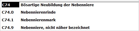 Screenshot: ICD-10-WHO Dreistellige Kategorie mit drei vierstelligen Subkategorien (Source: BfArM) Screenshot: ICD-10-WHO Dreistellige Kategorie mit drei vierstelligen Subkategorien