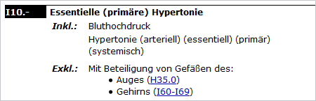 Screenshot: ICD Kategorie mit den Klassenattributen Inklusivum und Exklusivum (Source: BfArM) Screenshot: ICD Kategorie mit den Klassenattributen Inklusivum und Exklusivum